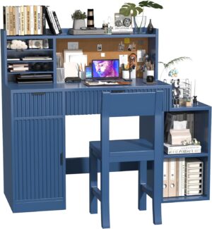 Childrens Computer Desk with Bulletin Board, Blue Kids Desk and Chair Set for 5-12 Year Old, Kids Study Table with Chair, Drawers and Cabinets-B40