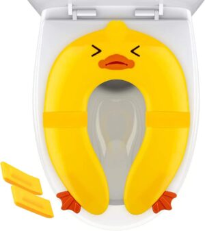 Toilet Potty Training Seat Cover, Travel Toilet Seat, Folding Non Slip Silicone Pads, Travel Portable Reusable Kids Toddlers Boys Girls, Carry Bag (Yellow – Duck)
