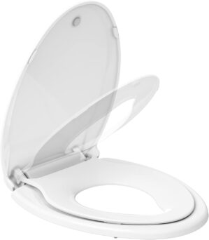 Elongated Toilet Seat with Built in Potty Training Seat, Potty Training Toilet Seat for Toddlers, Magnetic Kids Seat and Cover, Slow Close and Never Loosen, Fits both Adult and Child, White, 19″