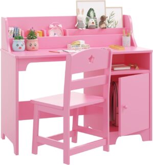 Kids Desk and Chair Set,Study Desk for Kids with Hutch, Storage Cabinet, Wooden Children Study Table, Student Writing Desk Computer Workstation for Kids Bedroom & Study Room,White