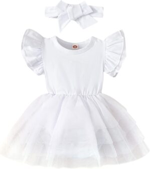 Baby Girl Ruffle Sleeve Romper Dress Infant Jumpsuit Tutu Skirt Set Newborn Princess Tulle Dresses Headband Outfit