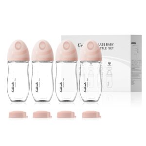 Natural Glass Baby Bottle 8 oz for Breastfed Babies, Anti-Colic Baby Bottle Set with Medium Flow Nipple, 3 Months +, 4 Pack – Pink