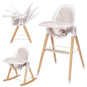 Baby High Chair, 7-in-1 Grow with Family Convertible Wooden High Chair for Babies and Toddlers, Rocking Chair, Reclining Seat, Easy to Clean Compact High Chair Removable Cushion and Double Tray
