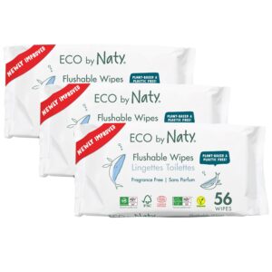 Eco by Naty Flushable Baby Wipes – Compostable and Plant-Based Wipes, Chemical-Free and Hypoallergenic Baby Wipes Safe for Baby Sensitive Skin, 56 Wipes Per Pack (3 Pk)