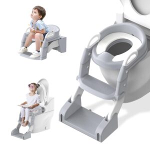 Potty Training Seat, Toddler Potty Training Toilet with Step Stool Ladder for Kids Boys Girls, 3 in 1 Foldable Toilet Seat Potty Chair with Urinals, Splash Guard,Safe Handles, Anti-Slip Pad,Grey