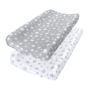 Changing Pad Cover for Boys Girls 2 Pack, Lovely Print Soft Unisex Diaper Change Table Sheets, Fit 32″x16″ Contoured Pad, Comfy Cozy 2-Pack Cradle Sheets, Grey & White