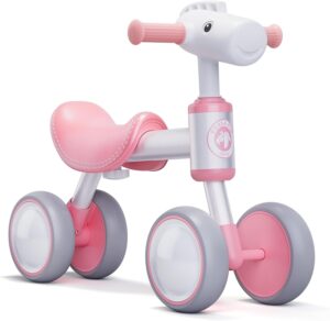 TWFRIC Balance Bike for 1+ Year Old Boys Girls, Toddler Balance Bike 12-36 Month No Pedal 4 Wheels Ride-on Baby Bike Riding Toys for 1 Year Old Birthday Gifts (Pink)