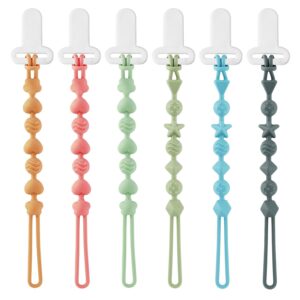 PandaEar 6 Pack Silicone Pacifier Clips, One Piece Design Teething Pacifier Holder Clip, Neutral Baby Paci Clips Boys & Girls, Binky Clips Pacifier Straps Chain for Toys Teethers