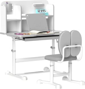 Qaba Kids Desk and Chair Set, Height Adjustable Kids School Study Desk and Chair Set with Tilt Desktop, Storage Drawer and Reading Rack for Writing, Reading and Drawing, Gray