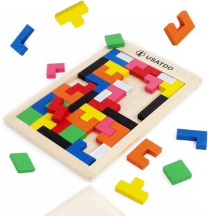 USATDD Wooden Puzzles Blocks Brain Teasers Toy Russian Tangram Colorful Jigsaw Game Montessori Intelligence STEM Preschool Educational Gift for Baby Toddlers Kids 3 4 5 6 7 Years Old Boys Girls 40Pcs