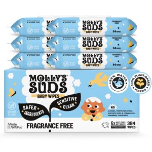 Molly’s Suds Sensitive Clean Baby Wipes | 99% Water, Plant-Based, Fragrance Free | 384 Total Wipes (6 Flip-Top Packs)