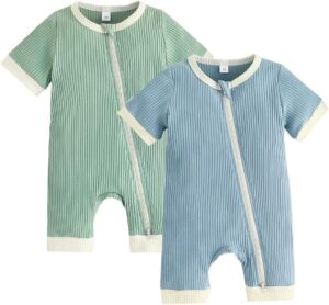 Bafeicao Unisex Baby Boy Girl 2 Pack Rompers Short Sleeve 2 Way Zipper One Piece Jumpsuits Clothes Sets