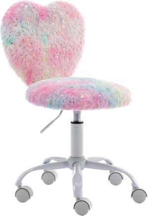 Small Kids Chair, Cute Heart Girls Desk Chair, Rolling Study Chair Furry Pink Computer Chair, Faux Fur Swivel Vanity Chair for Children Bedroom/Study, Colorful