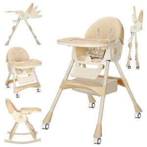 Convertible 6-in-1 High Chairs for Babies and Toddlers, Foldable Portable Baby Highchair, Compact Adjustable Folding Baby High Chair for Infant Toddler Baby Boy Girl with Wheels & Footrest (Beige)