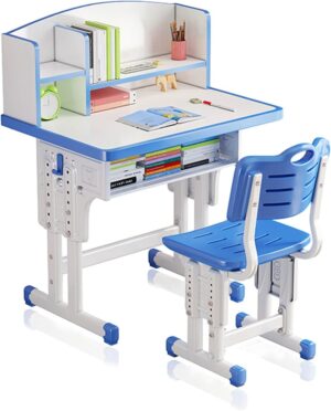 Kids’ Study Desk Chair Sets, Blue, Adjustable Height, Ergonomic Design, with Large Storage Drawer and Bookshelf, Suitable for Ages 3-18