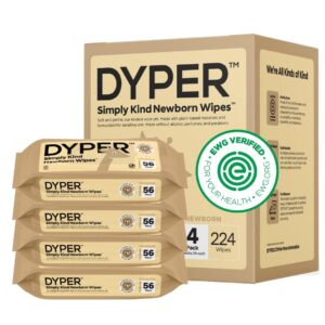 DYPER EWG-Verified Newborn Baby Wipes | 99.9% Water | 100% Plant-Based | Unscented, Soft & Hypoallergenic for Sensitive Newborn Skin | Plastic-Free | Honest Ingredients | 4 Pack, 224 Wipes