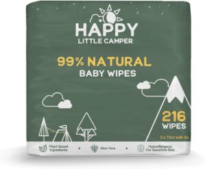 Happy Little Camper Natural Baby Wipes Unscented – Hypoallergenic & Chlorine-Free Wet Wipes with Aloe Vera, Chamomile and Pomegranate Extract – Gentle on Sensitive Skin – 216 Count