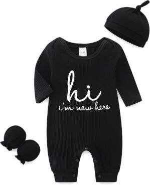 Unisex Newborn Baby Onesie Ribbed Romper Infant Long Sleeve Jumpsuit Hat and Gloves