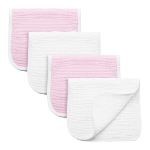 Synrroe Burp Cloths Large, Muslin Burp Cloths for Baby Girls and Boys, Pack of 4 Extra Absorbent and Soft Muslin Bibs, 6 Layers 20 by 10 Inches 100% Cotton (Pink-White 4 Pack)