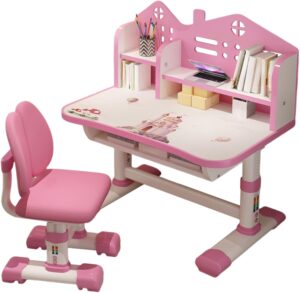 Small Desk, Standing Desk, Desk Chair Set, Widened Desktop Multi Separation Cartoon Pattern Desk Chair Set Kids Adjustable Height Study Table with Drawer Chair Set (Pink)