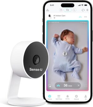Sense-U AI Baby Camera Monitor with Sensor-Free Sleep Breathing Movement Detection, Smart Security Indoor Video Camera with Background Audio, Sound Detection, No Monthly Fee, for Peace of Mind