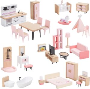Giant bean 32pcs Wooden Dollhouse Furniture Set 5 Rooms, Wood & Plastic Pink Dollhouse Accessories Pretend Play Furniture Toy Christmas Birthday Gift Toy for Kids Boys Girls Toddler 3+