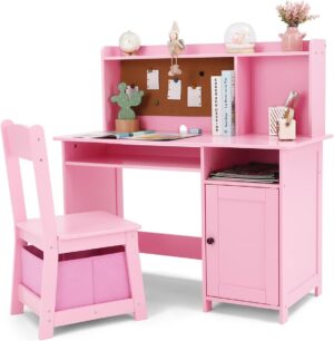 Kid’s Study Desk and Chair Set for Boys & Girls – Wooden Ergonomic Design, Includes Built-In Chair Storage Bins & Bookshelf Organizer & Cork Bulletion Board, for Children Studying, Writing, Drawing