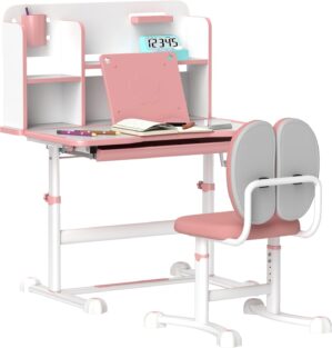 Qaba Kids Desk and Chair Set, Height Adjustable Kids School Study Desk and Chair Set with Tilt Desktop, Storage Drawer and Reading Rack for Writing, Reading and Drawing, Pink