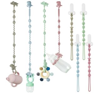 PandaEar 8 Pack Baby Toy Straps & Silicone Pacifier Clips, Dinosaur Silicone Pacifier Teether Harness Straps and Pacifier Holder Clips with One Piece Design for Baby Boys & Girls