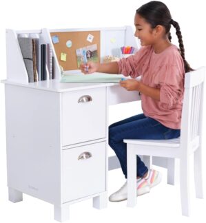 KidKraft Wooden Study Desk for Children with Chair, Bulletin Board and Cabinets, White
