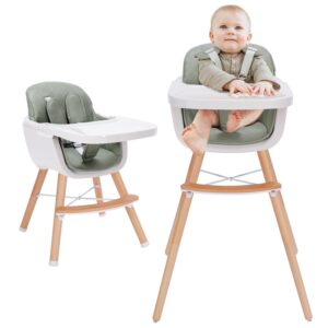 3-in-1 Convertible Wooden High Chair, High Chairs for Babies and Toddlers, Baby High Chair with Adjustable Legs & Dishwasher Safe Tray, Made of Sleek Hardwood & Premium Leatherette, Green Color