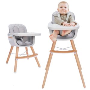 3-in-1 Convertible Wooden High Chair, High Chairs for Babies and Toddlers, Baby High Chair with Adjustable Legs & Dishwasher Safe Tray, Made of Sleek Hardwood & Premium Leatherette, Gray Color