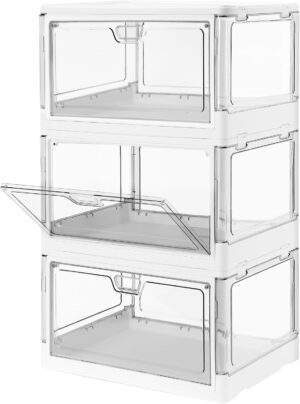 3-Pack Clear Stackable Storage Bins with Lids Magnetic Doors Open Front Foldable Folding Plastic Craft Containers Large Closet Organizers Box for Bedrooms Living Rooms Study Kids’ Toys 24 QT