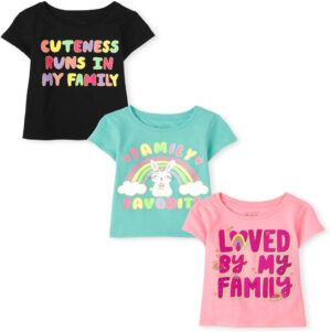 The Children’s Place Baby Girls’ and Toddler Short Sleeve Graphic T-Shirts, 3 Pack