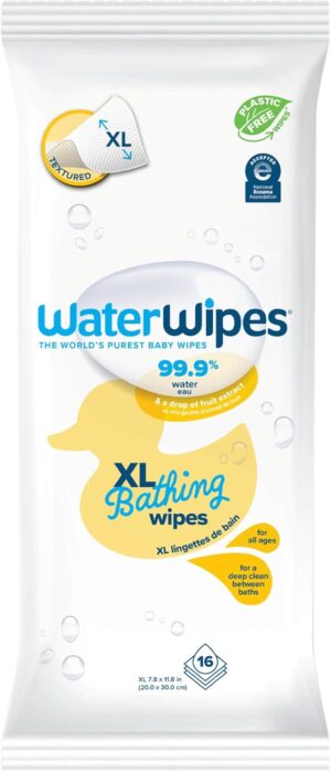 WaterWipes Plastic-Free XL Bathing Wipes for Toddlers & Babies, 99.9% Water Based Wipes, Unscented & Hypoallergenic for Sensitive Skin, 16 Count (1 pack), Packaging May Vary