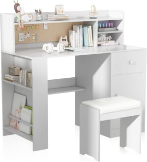 JMMD Kids Study Desk and Chair, Big Kids Desk and Chair Sets with Hutch and Storage Cabinet, Wooden Children Study Table for Kids 6-12, Student Writing Desk with Drawers for Bedroom, Homeschool