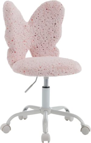 Butterfly Kids Desk Chair Girls Students Study Chair Adjustable Computer Chair Furry Swivel Office Chair Child Reading Chair for Home/Bedroom/School/Dorm, Pink