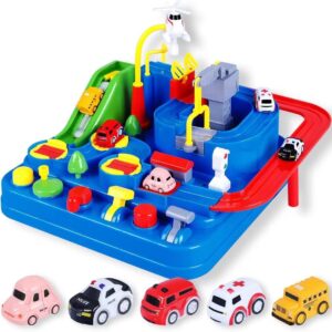 YEZI Car Adventure Toys for Kids, City Rescue Playsets Magnet Toys w/ 5 Mini Cars, Puzzle Rail Car, Preschool Educational Car Games Gift for 3 4 5 6 7 Year Old Boys Girls (Blue)