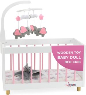 Emily Rose NEW Toy Wooden Baby Doll Bed Crib with Elephant Lovey and Matching Spinning Mobile – for Dolls up to 20 inches – White/Pink/Gray