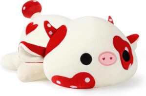 Onsoyours 9 Inch Cow Plush, Cute Mushroom Love Cow Red and White Stuffed Animal, Little Ultrasoft Plush Toy Gift for Kids