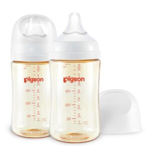 Pigeon PPSU Nursing Baby Bottle Wide Neck, Anti-Colic, Streamlined Body, Natural Feel, Easy to Clean, 8.1 Oz(Pack of 2), Includes 2pcs M Nipples (3m+)