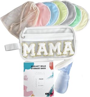 Breastfeeding Essentials Kit: Bamboo Breast Milk Pads, Silicone Manual Breast Pump, Storage Bags & Cosmetic Bag – Gift Set for New Mothers, New Mom Gift
