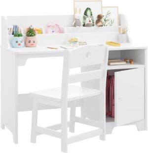 Kids Desk and Chair Set,Study Desk for Kids with Hutch, Storage Cabinet, Wooden Children Study Table, Student Writing Desk Computer Workstation for Kids Bedroom & Study Room,White