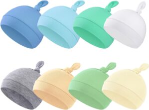 BEoffer 8 Pack Baby Newborn Hats Set Top-Knot Beanie Soft Stretchable Hats Adjustable Caps for Infant Girls Boys 0-6 Months