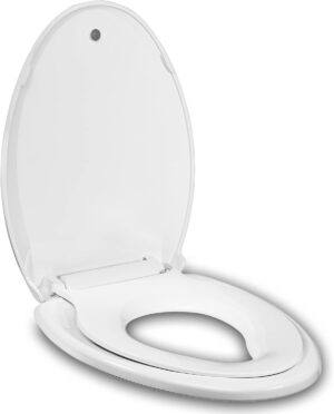 Elongated Toilet Seat Built-In Potty Training Seat, Soft Quiet Close Non-Slip Seat, Easy to Install & Clean,Magnetic Kids Seat and Cover for Elongated Oval Toilets,White