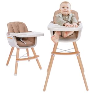 3-in-1 Convertible Wooden High Chair, High Chairs for Babies and Toddlers, Baby High Chair with Adjustable Legs & Dishwasher Safe Tray, Made of Sleek Hardwood & Premium Leatherette, Brown Color