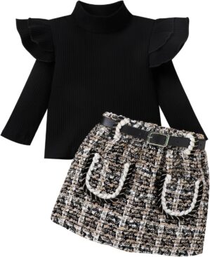 Fernvia Toddler Baby Girl Fall Winter Skirt Set Turtleneck Ribbed Long Sleeve T-Shirt Top & Plaid Skirts Dress 2Pcs Outfits