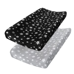 Changing Pad Cover for Boys Girls 2 Pack, Lovely Print Soft Unisex Diaper Change Table Sheets, Fit 32″x16″ Contoured Pad, Comfy Cozy 2-Pack Cradle Sheets, Grey & Black