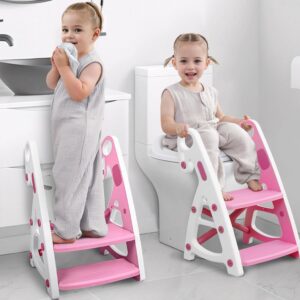 Primlect Potty Training Seat, 2-in-1 Toddler Toilet Seat with Step Stool, Ultra-Stable Potty Chair Attachment, Adjustable Seat and Step Ladder, Non-Slip Design, Splash Guard for Boys and Girls(Pink)