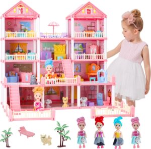 Dollhouse with 4-Story 11 Rooms,Princess Dream Gift Doll House Playset with 4 Dolls 2 Pet,DIY Pretend Playhouse with Stairs and Furniture,Christmas Toy Gift for Girls Ages 3 4 5 6 7 8 9 10 Year Old